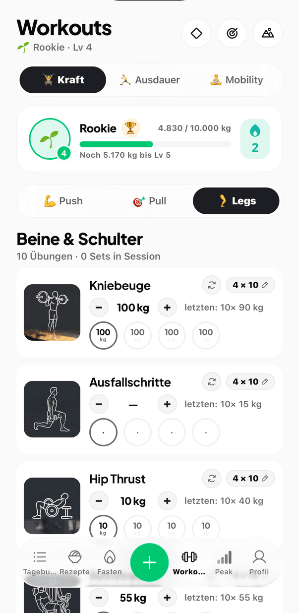Workout-Plan in Nova mit Übungen, Sätzen und Gewichten